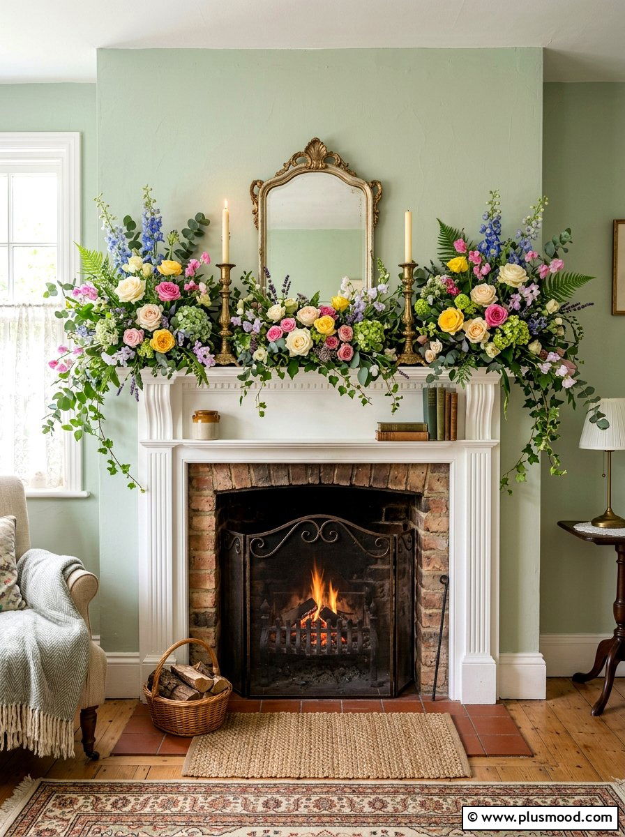 Summer floral mantel - 25 summer English cottage summer decor ideas