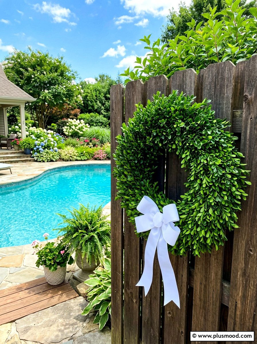 Summer greenery wreaths for pool fence - 25 summer pool fence decor ideas