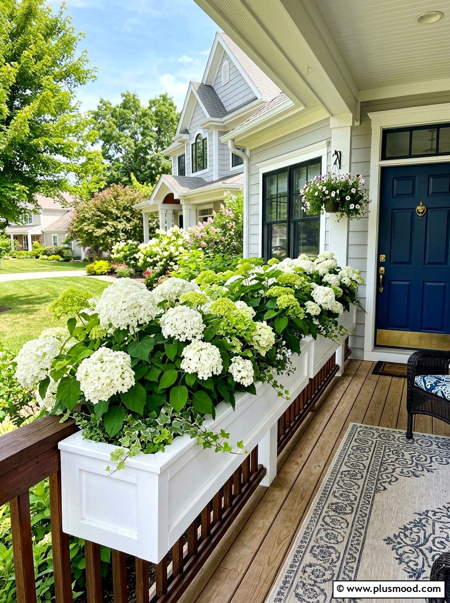 Summer porch hydrangea flower box - 25 summer front porch decor ideas with hydrangeas