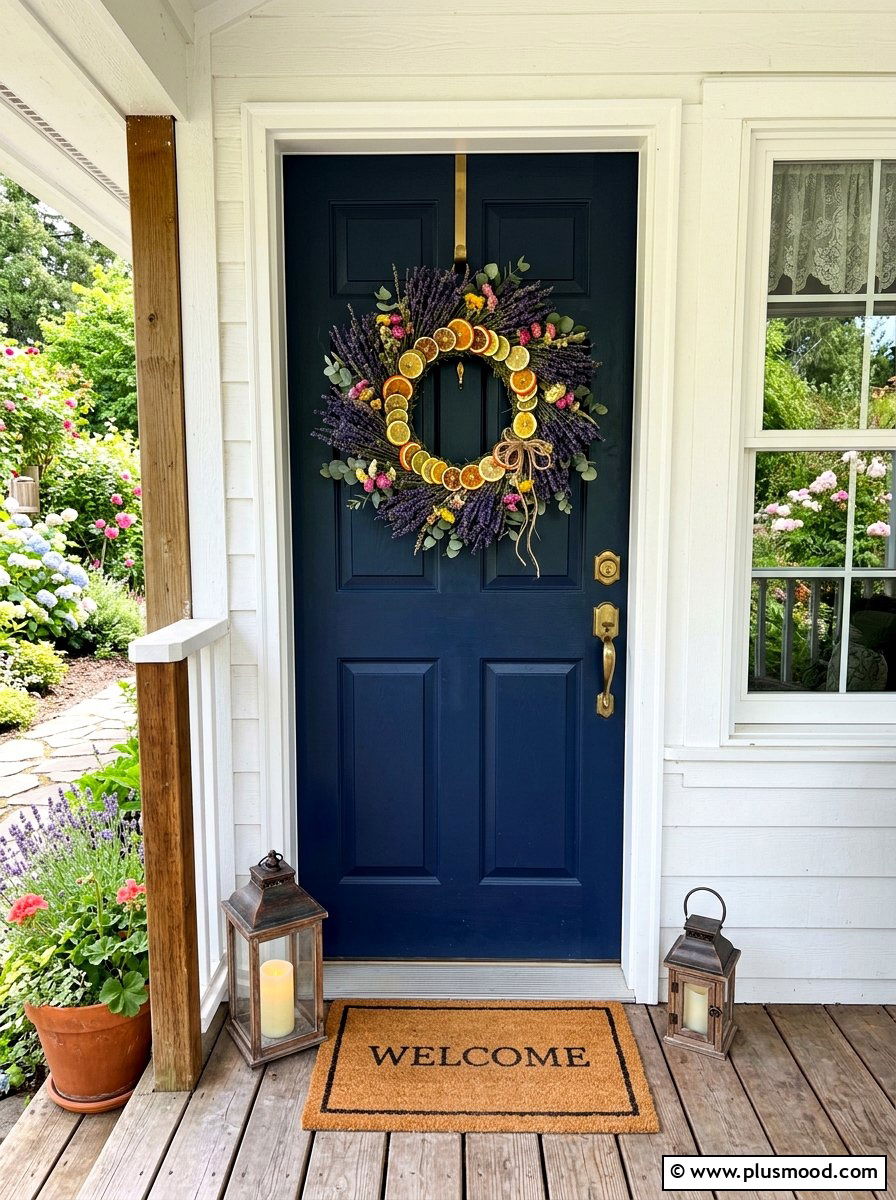 Summer wreath for front door - 25 summer small porch curb appeal ideas