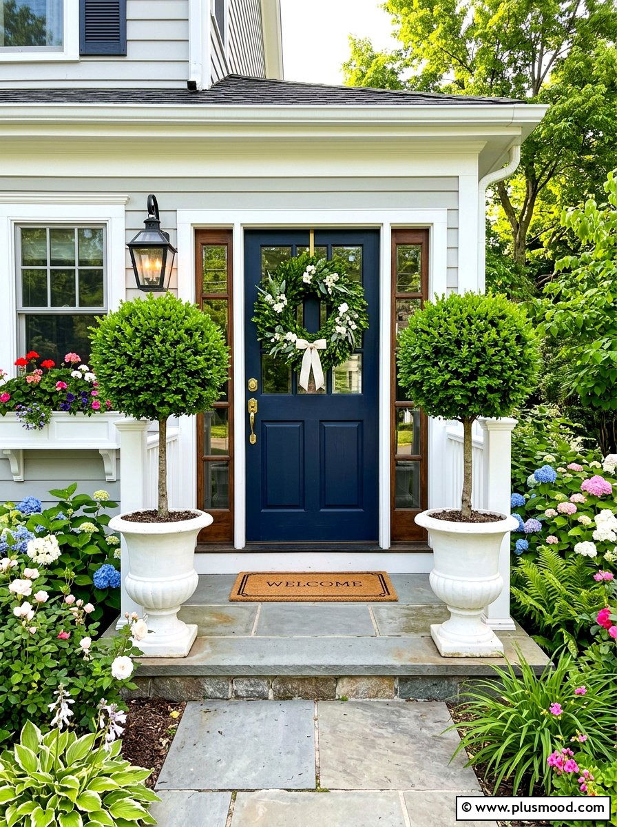 Summer wreath topiary combo - 25 summer front porch decor ideas with topiaries