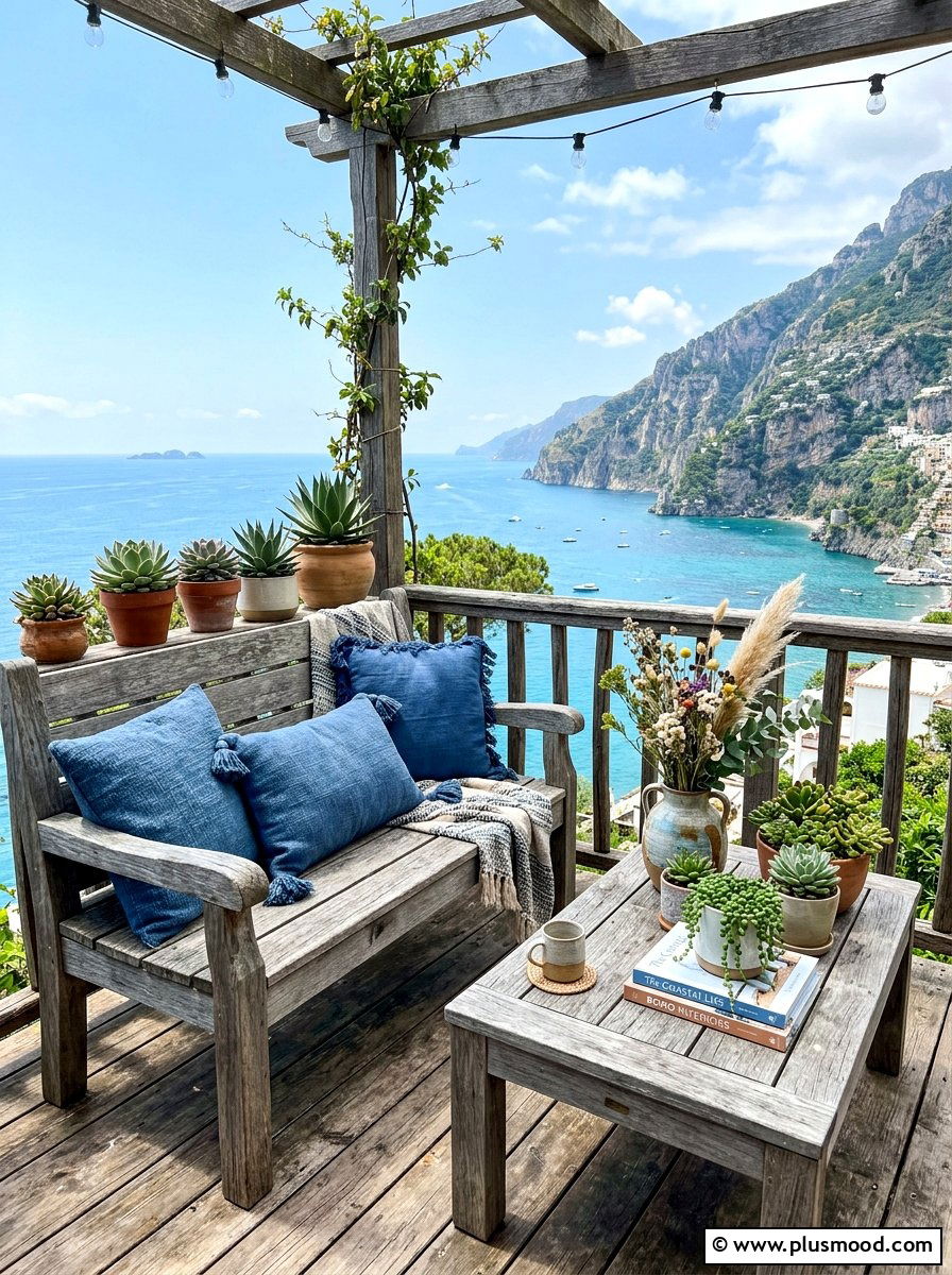 Sun bleached wood balcony furniture