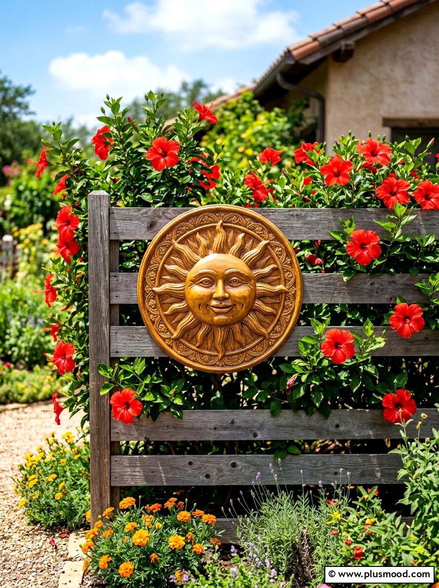 Sun face wall plaque - 25 summer backyard fence decor ideas