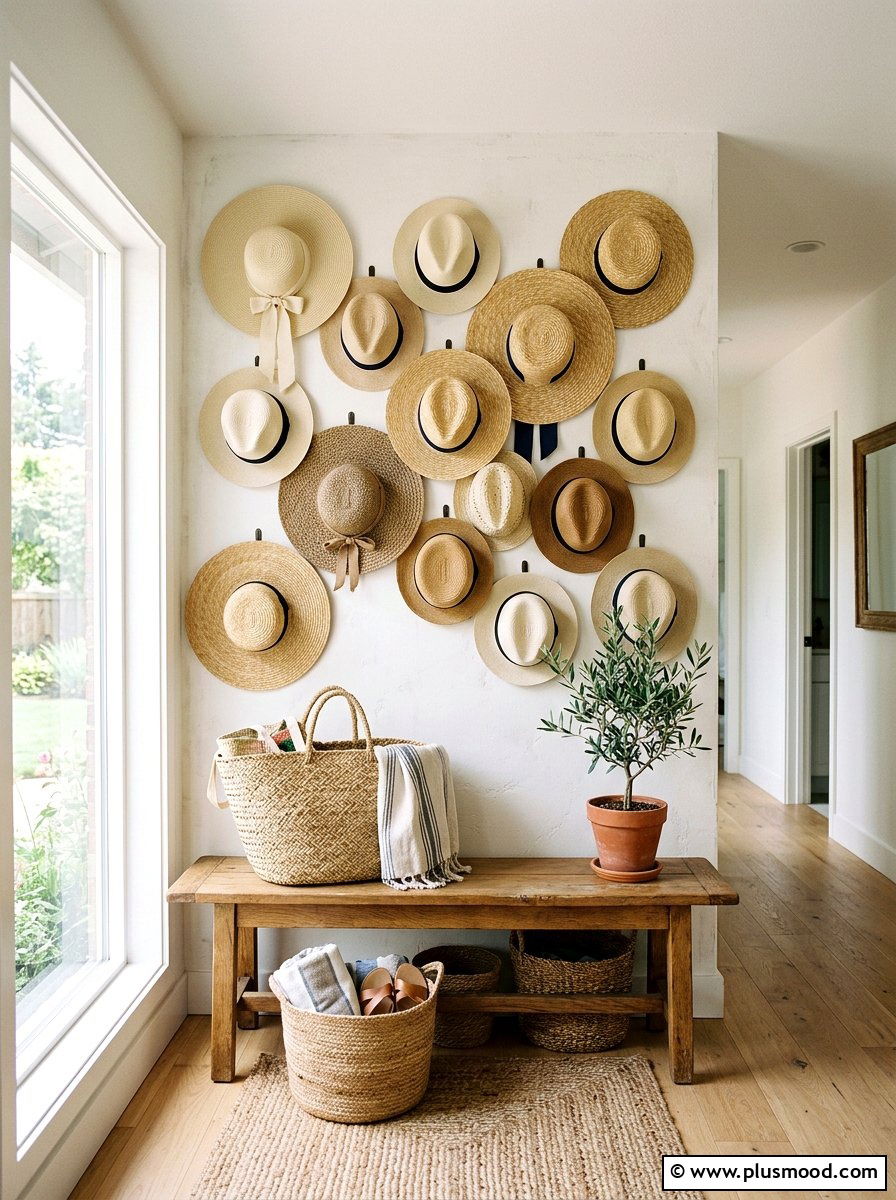 Sun hat gallery wall entryway - 25 summer entryway decor ideas