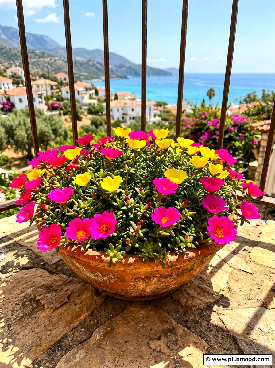 Sun loving portulaca bowl - 25 summer balcony flower ideas