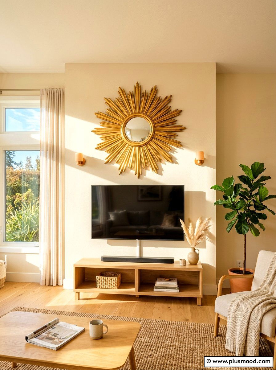 Sunburst mirror tv wall - 25 summer TV wall decor ideas