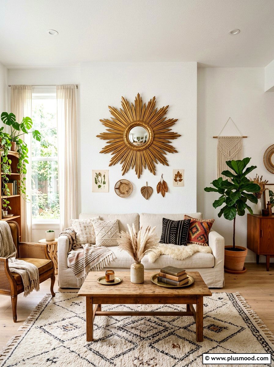 Sunburst mirror - 25 boho summer living room ideas