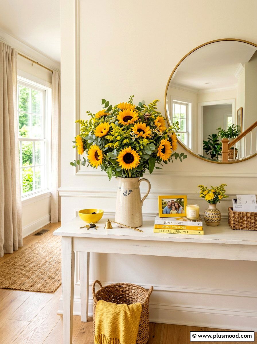 Sunflower Bouquet Entry Table - 25 summer seasonal entry decor ideas
