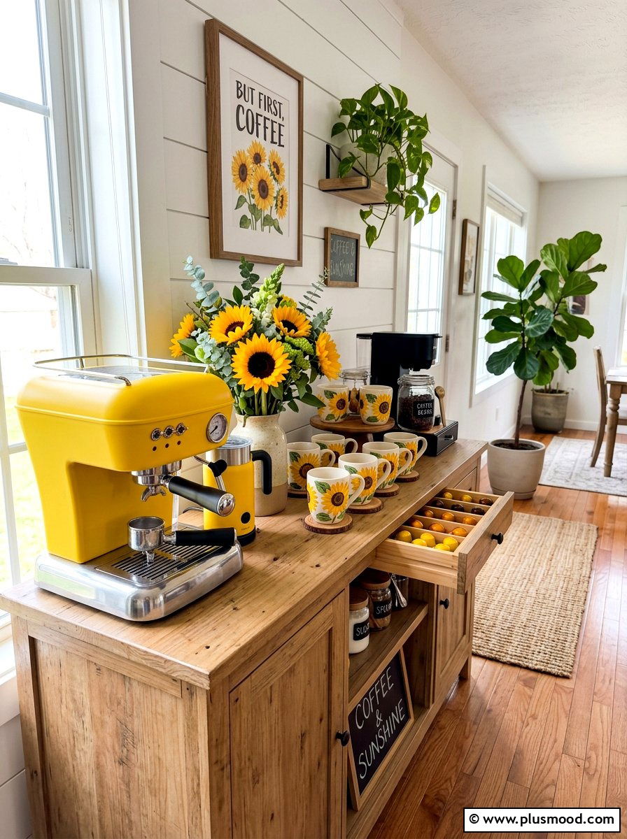 Sunflower Coffee Bar - 25 summer kitchen decor ideas with sunflowers