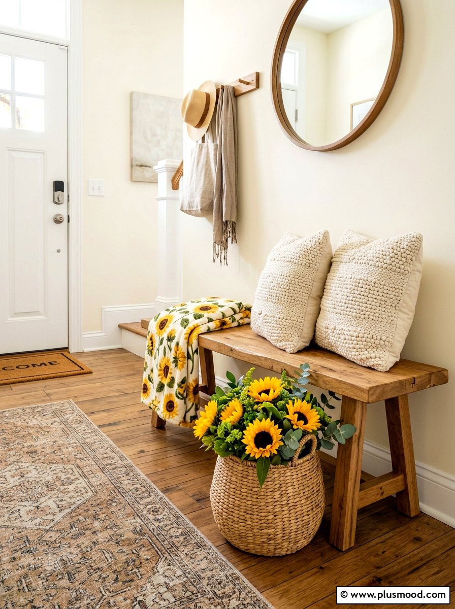 Sunflower Entryway Bench - 25 late summer sunflower decor ideas