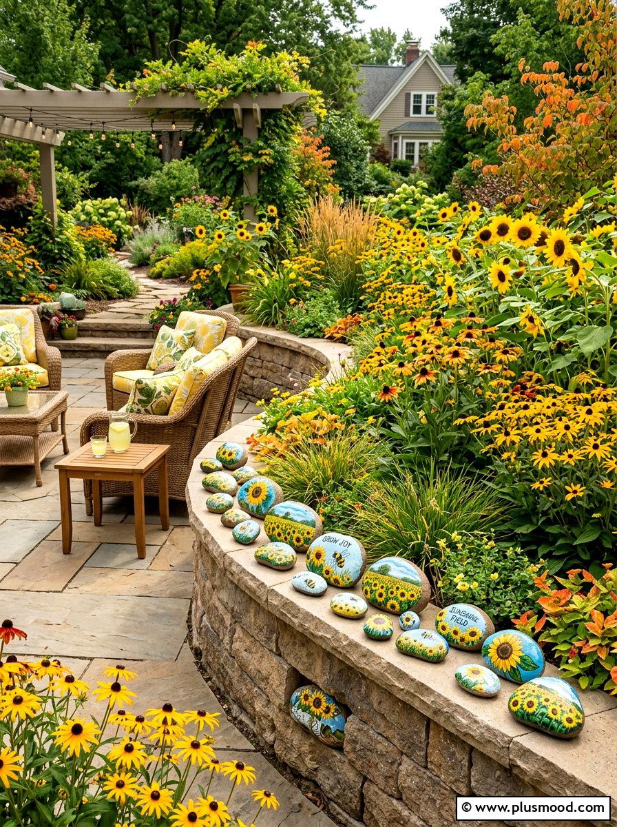 Sunflower Field Rock Art - 25 painted rock ideas for fall decor