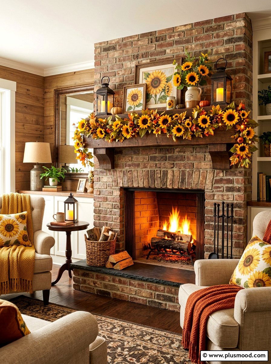 Sunflower Fireplace Mantle Display - 25 summer sunflower decor ideas