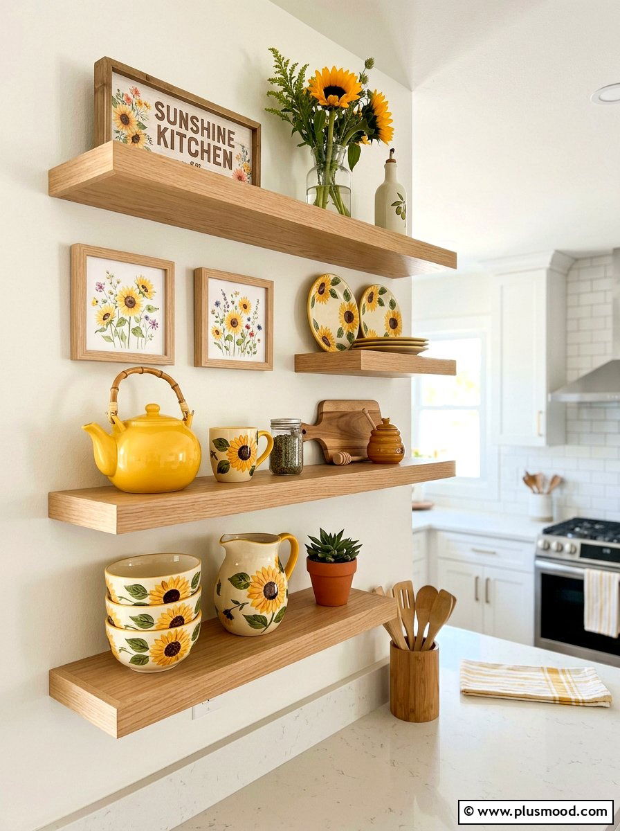 Sunflower Floating Shelves - 25 summer kitchen decor ideas with sunflowers