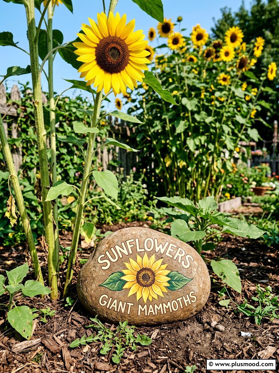 Sunflower Garden Marker - 25 painted rock ideas for plant markers