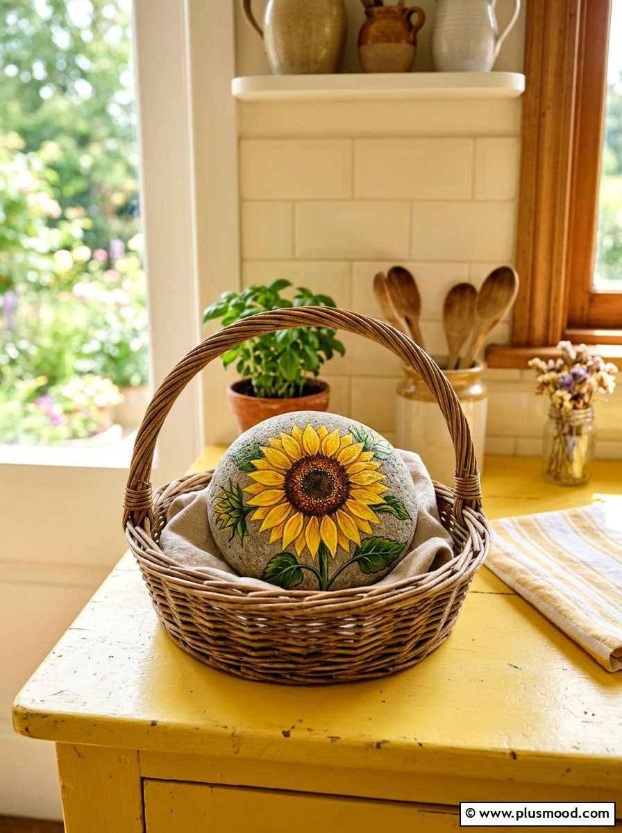 Sunflower Garden Rock - 25 painted rock ideas with nature prints