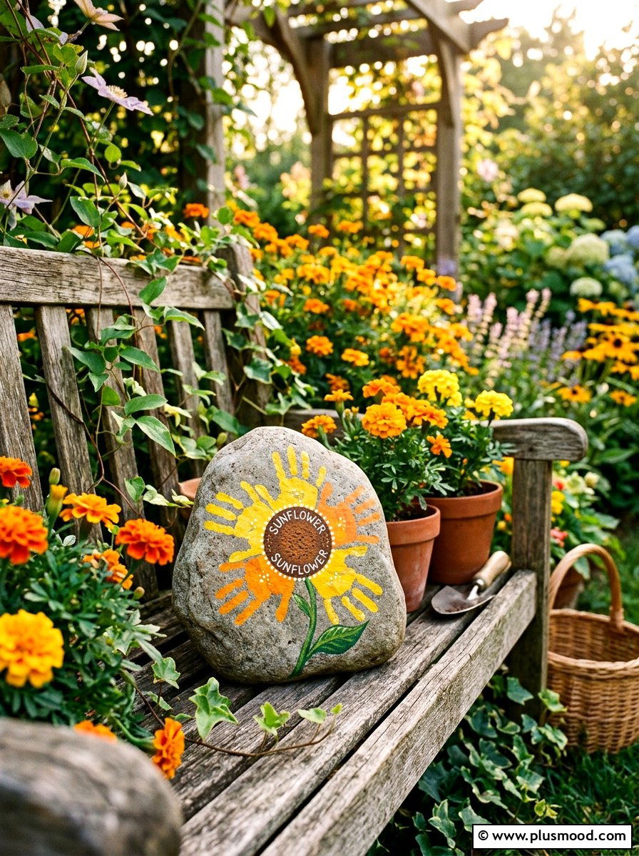Sunflower Handprint Art - 25 painted rock ideas with handprint art