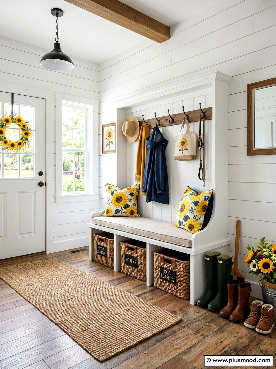 Sunflower Mudroom Bench Styling - 25 summer sunflower decor ideas