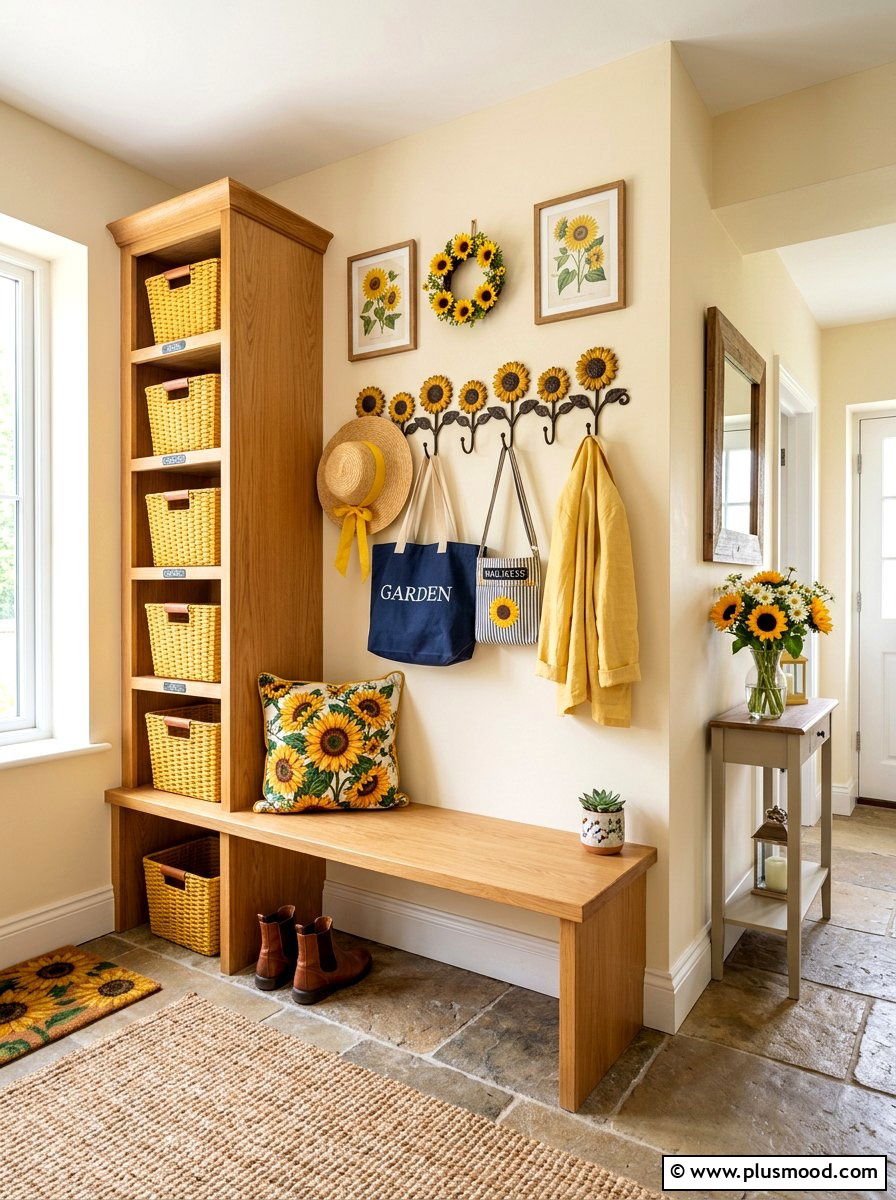 Sunflower Mudroom Cubby - 25 late summer sunflower decor ideas