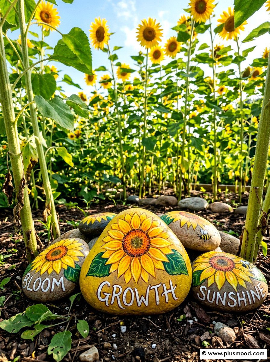 Sunflower Painted Rocks - 25 painted rock ideas with inspirational words