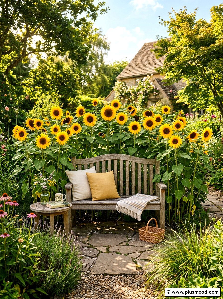Sunflower Seating Nook - 25 summer sunflower garden ideas