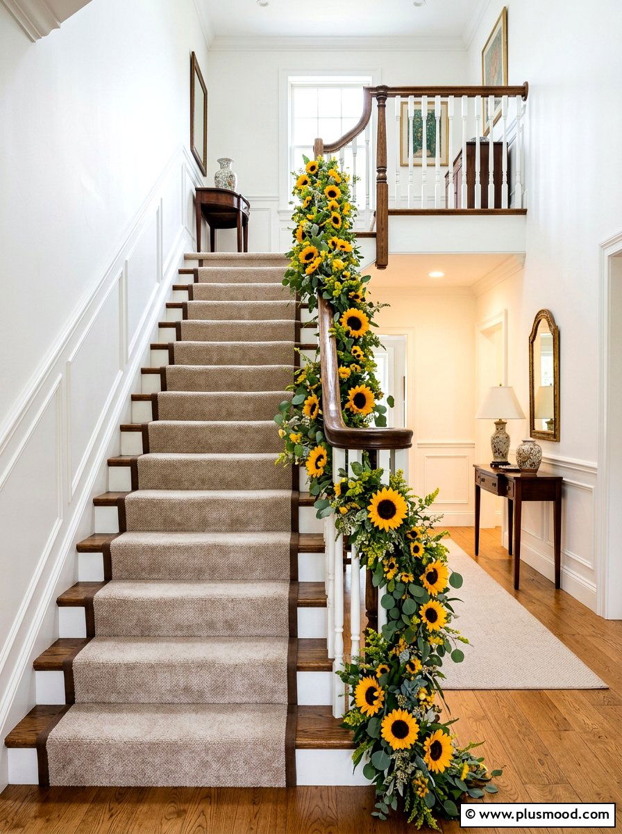 Sunflower Staircase Garland - 25 summer sunflower decor ideas