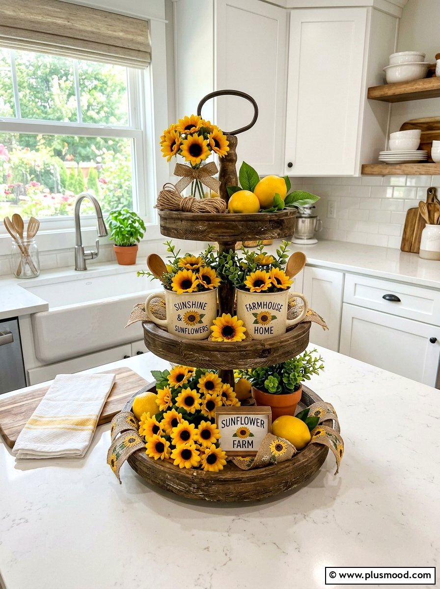Sunflower Tiered Tray - 25 summer kitchen decor ideas with sunflowers