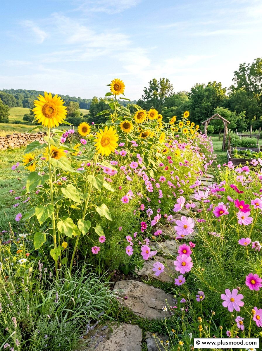 Sunflower and Cosmos Garden - 25 summer sunflower garden ideas