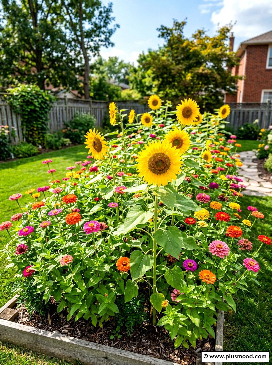 Sunflower and Zinnia Mix - 25 summer sunflower garden ideas