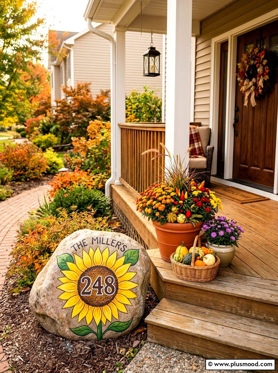Sunflower painted address rock - 25 painted rock ideas for address markers