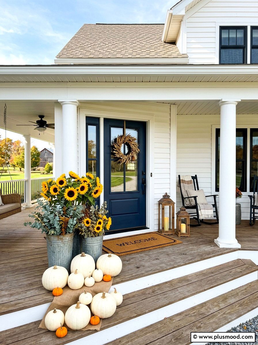 Sunflower porch display - 25 late summer farmhouse decor ideas