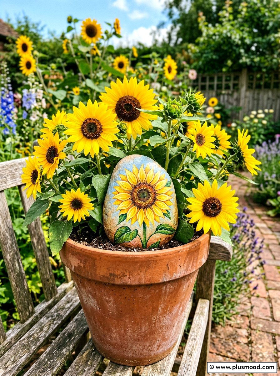 Sunflower sun bloom - 25 painted rock ideas with sun design