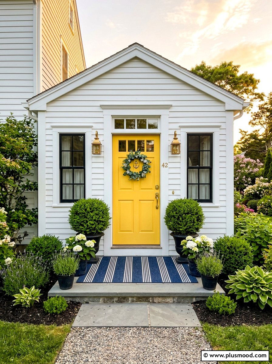 Sunflower yellow front door white siding - 25 summer yellow front door ideas