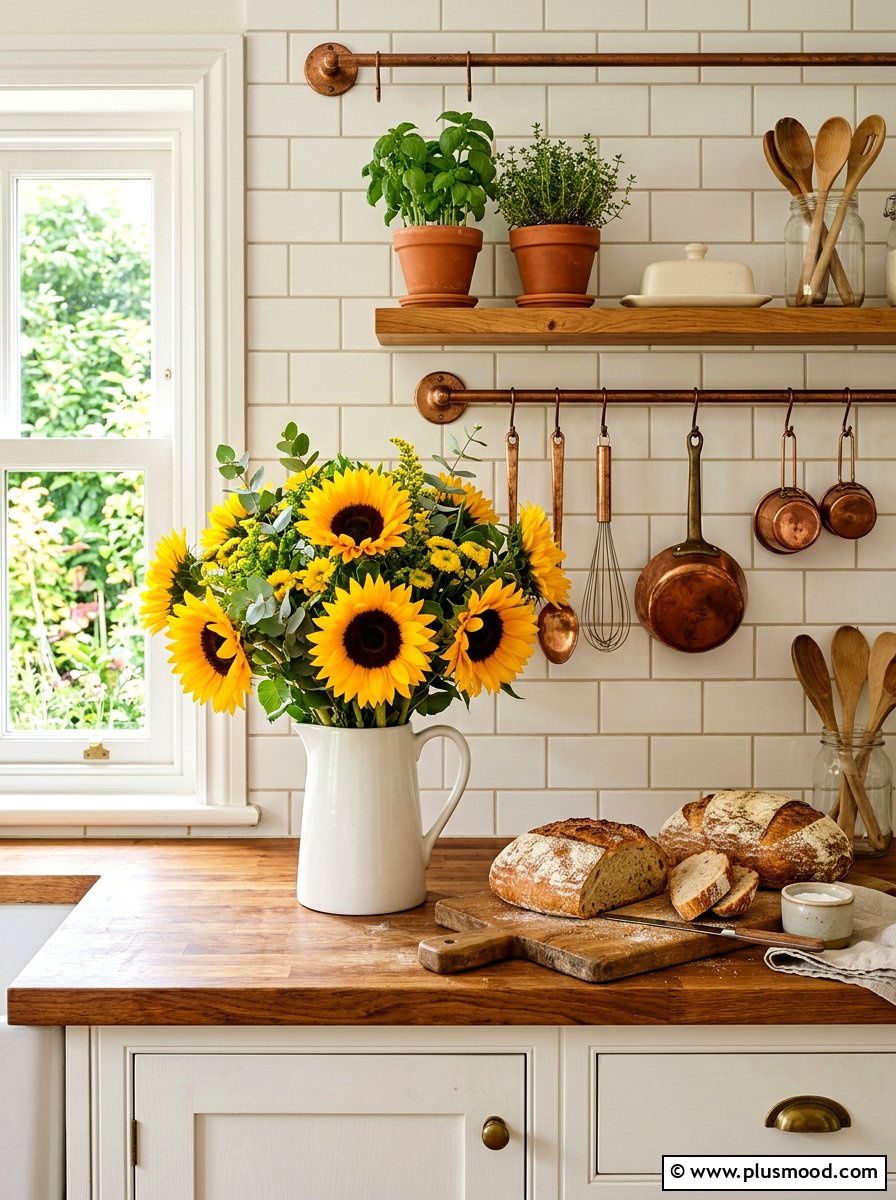 Sunflowers farmhouse kitchen counter - 25 summer French country summer decor ideas