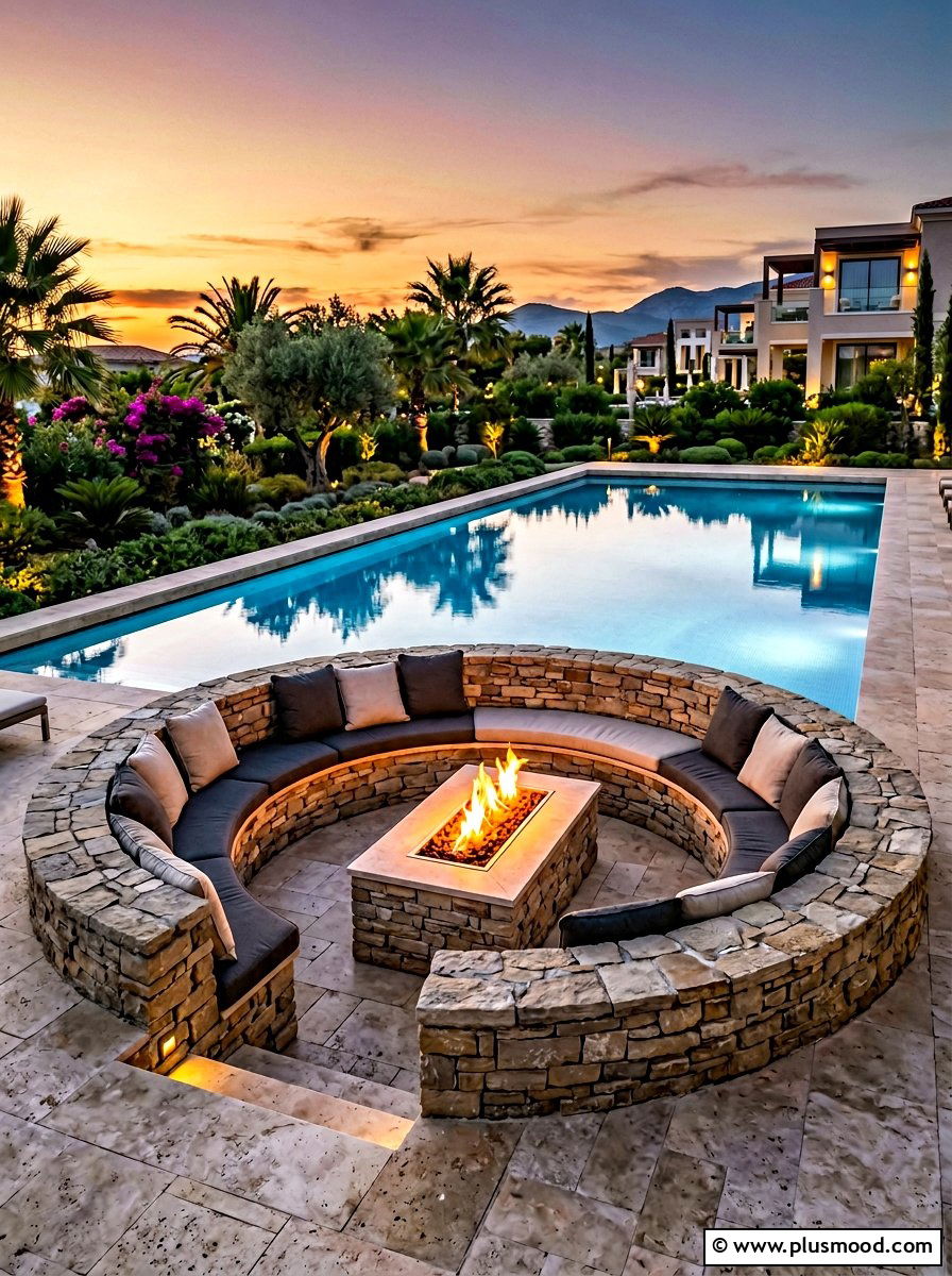 Sunken Fire Pit Lounge - 25 pool landscaping ideas for rectangular pools