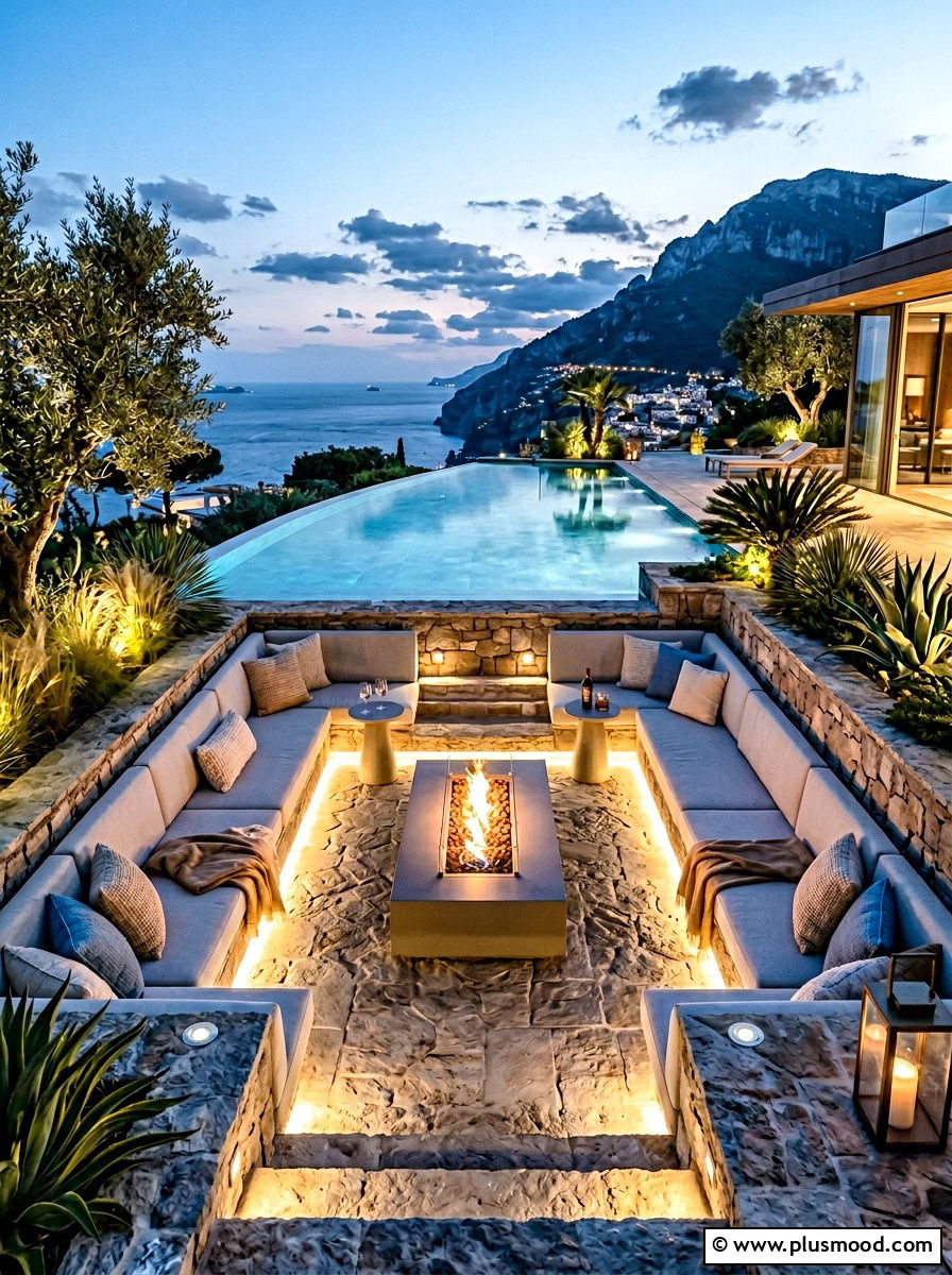 Sunken Pool Lounge With Recessed Floor Lights - 25 pool landscaping ideas with night lighting