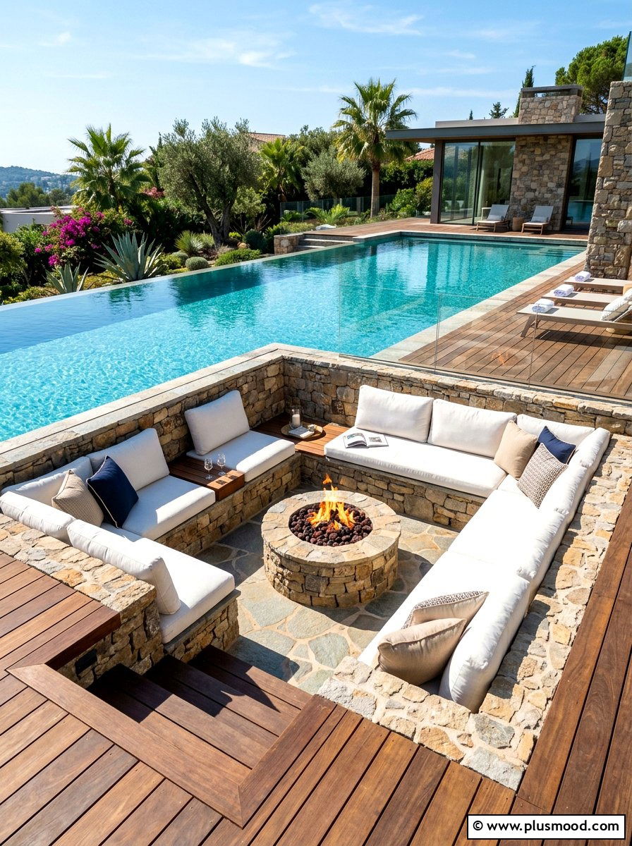 Sunken Seating Fire Pit - 25 summer poolside fire feature ideas
