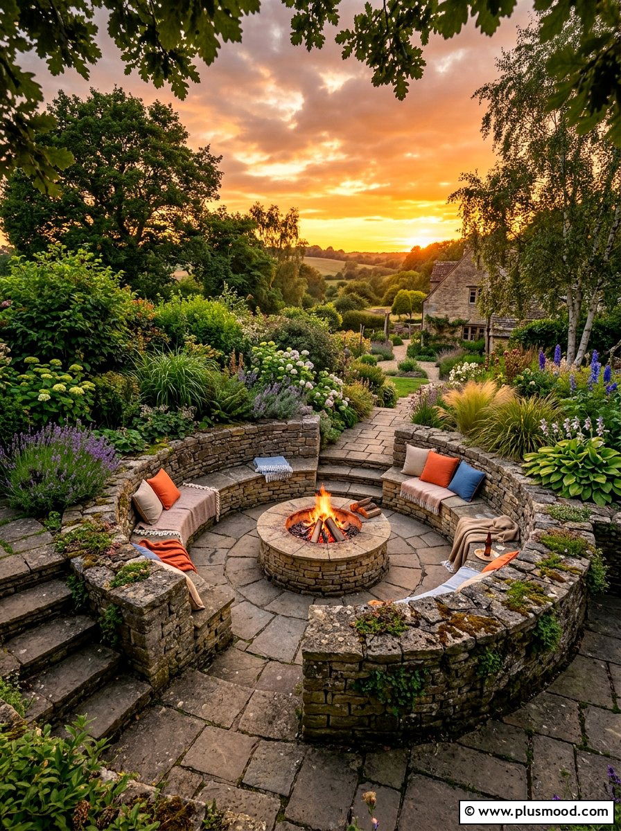 Sunken Stone Fire Pit Garden - 25 summer farmhouse garden ideas