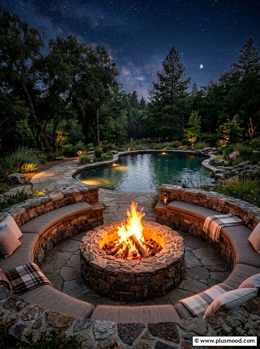 Sunken Stone Fire Pit - 25 pool landscaping ideas for natural pools