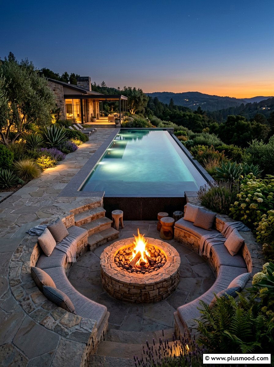 Sunken fire pit next to pool - 25 pool landscaping ideas with fire feature