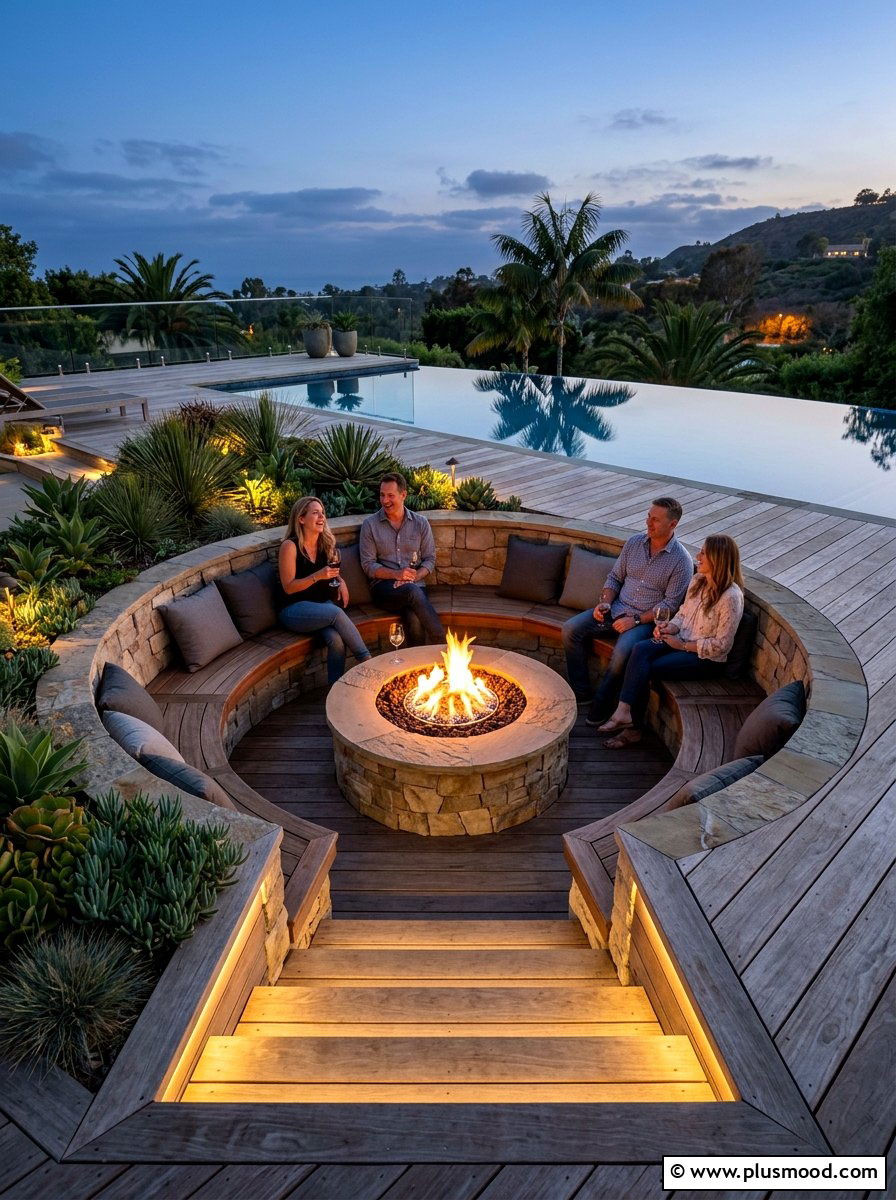 Sunken fire pit on wood pool deck - 25 pool landscaping ideas with wooden deck