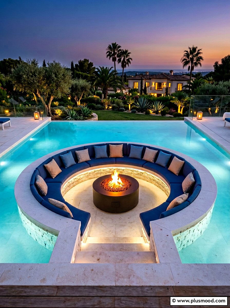 Sunken pool fire pit - 25 summer cozy poolside nook ideas
