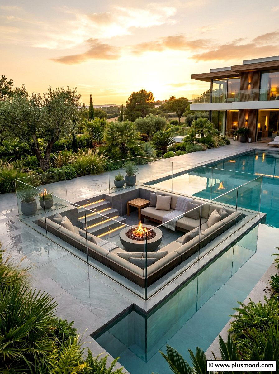 Sunken pool lounge - 25 pool landscaping ideas with outdoor seating