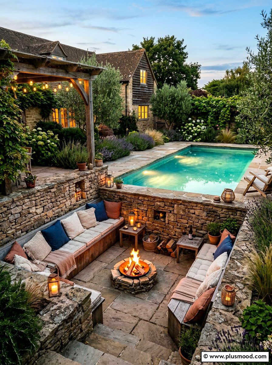 Sunken stone pool patio - 25 pool landscaping ideas for cottagecore theme