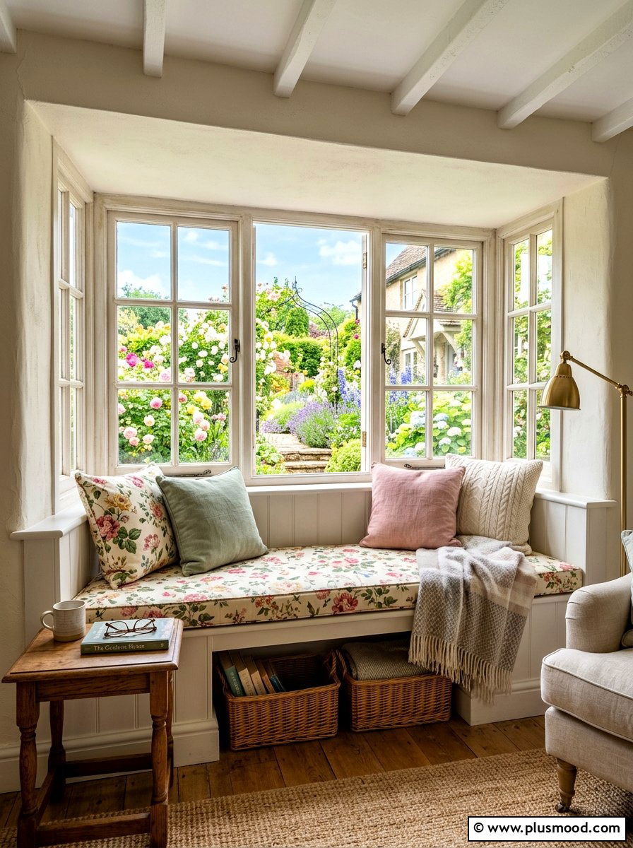 Sunny window seat nook - 25 summer English cottage summer decor ideas