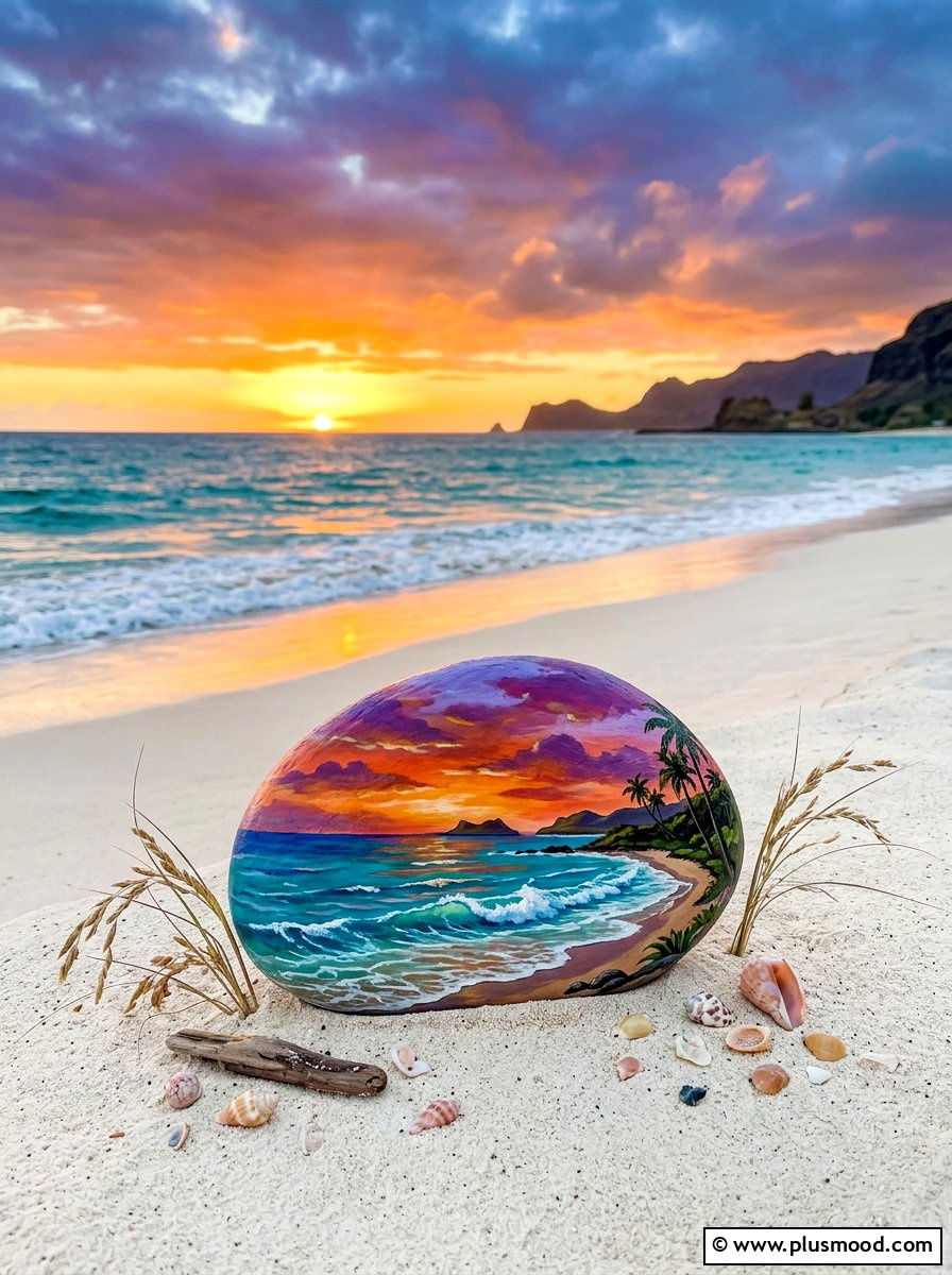 Sunset Beach Rock - 25 painted rock ideas with landscapes