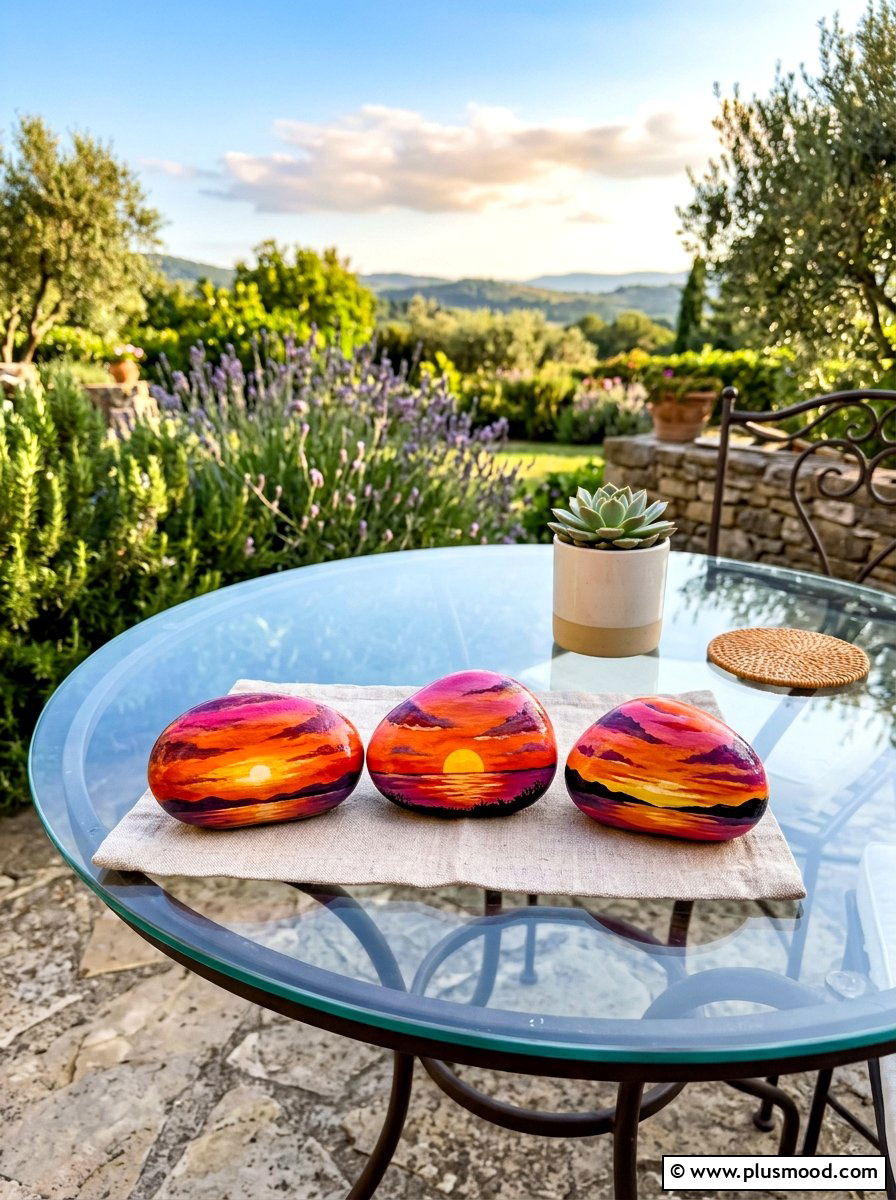 Sunset Painted Rock - 25 painted rock ideas for outdoor gallery