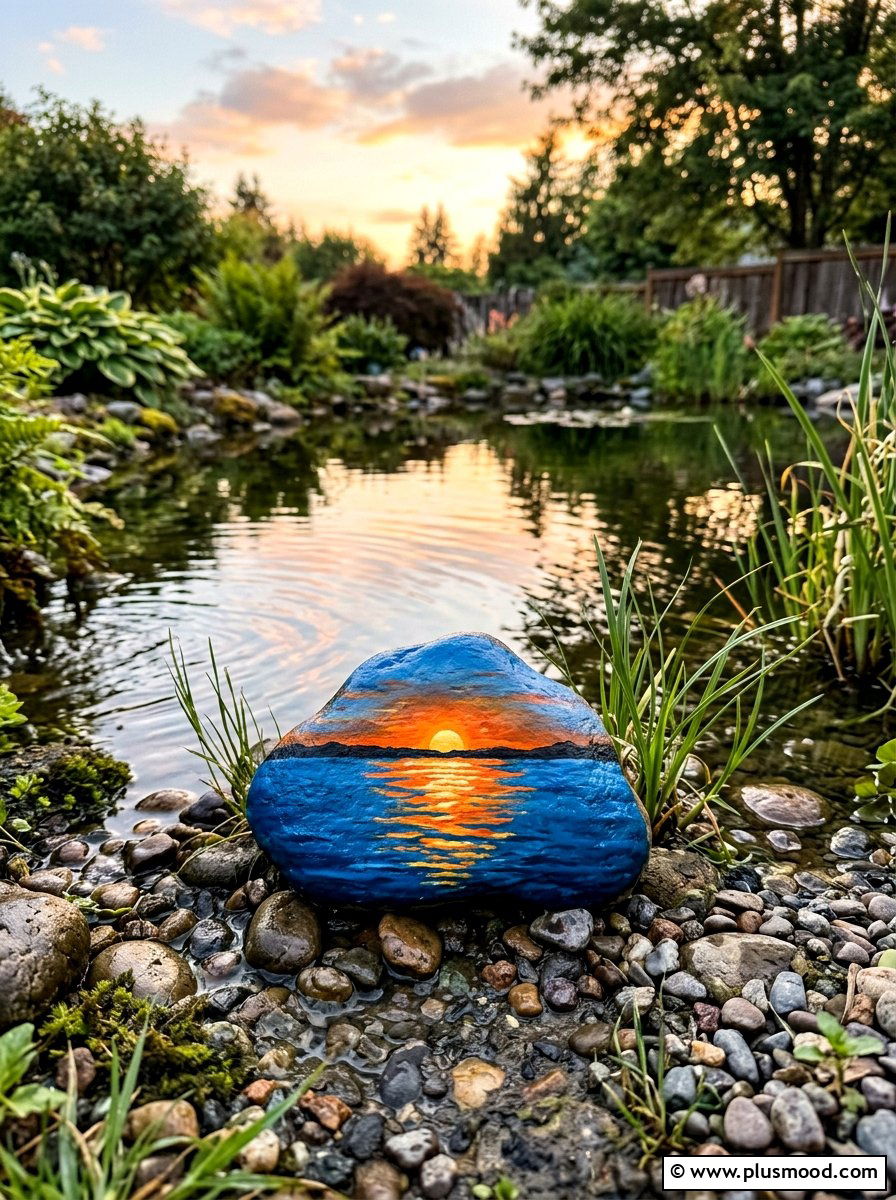 Sunset water view - 25 painted rock ideas with sun design