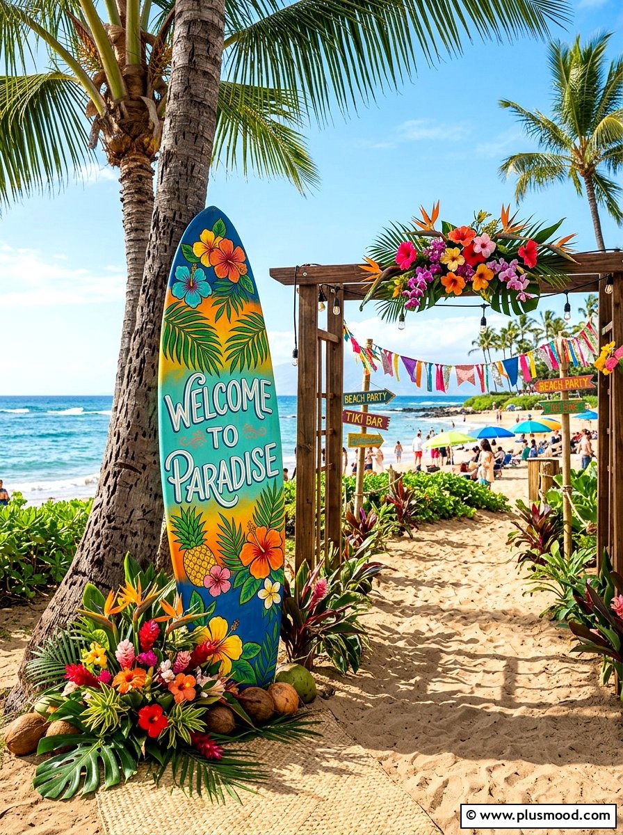 Surfboard Party Sign - 25 summer tropical party decor ideas