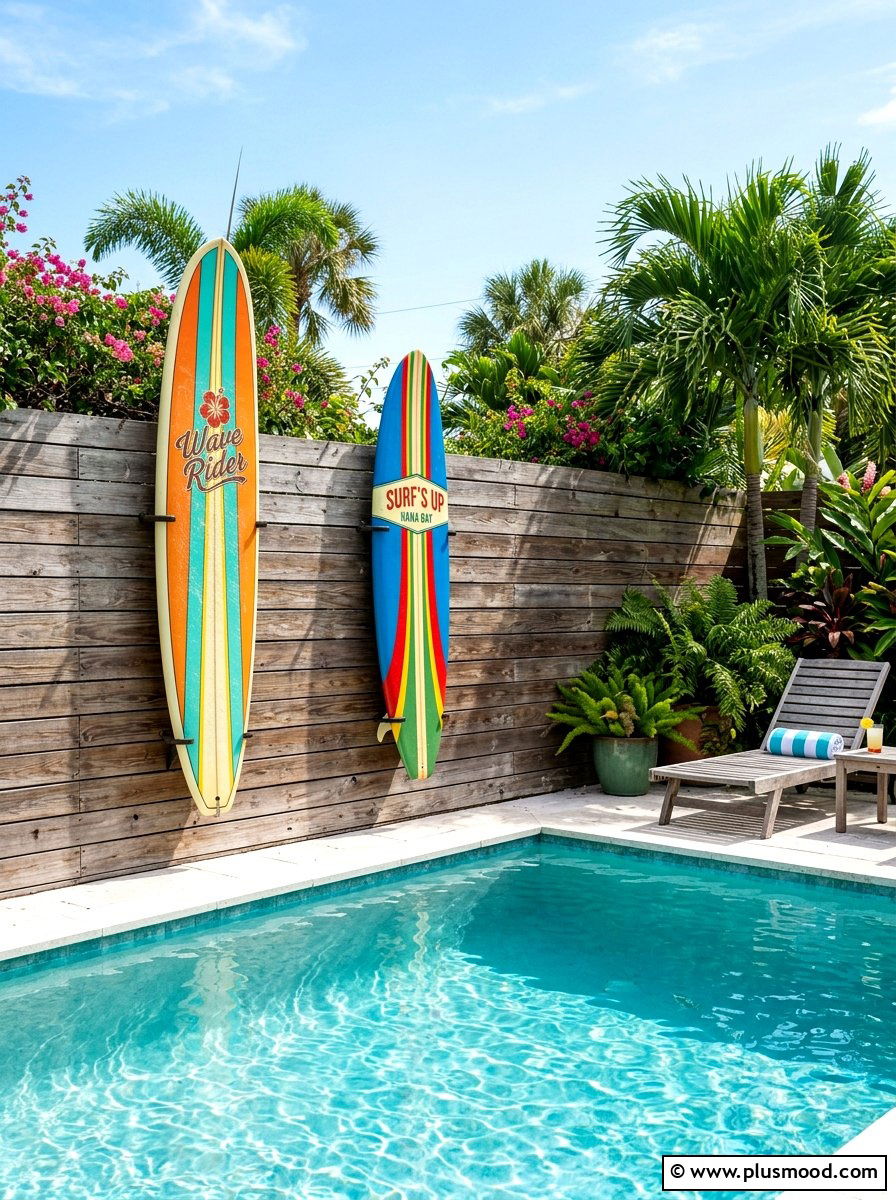 Surfboard wall decor for pool fence - 25 summer pool fence decor ideas
