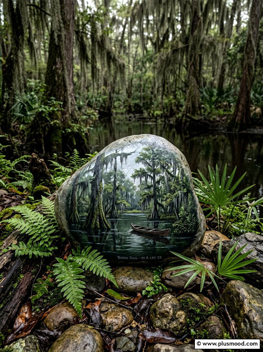 Swamp Bayou Landscape - 25 painted rock ideas with landscapes